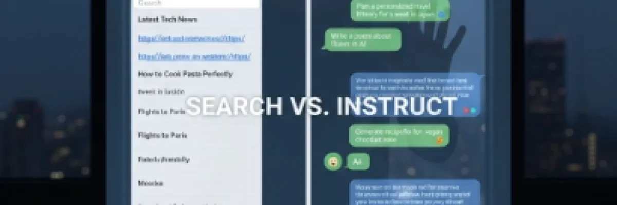 Una persona frente a una interfaz digital dividida: a un lado, una lista de enlaces de búsqueda clásicos y, al otro, una conversación fluida con un chatbot.